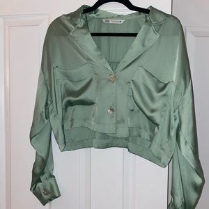 Zara Green Satin Crop Long Sleeve Blouse - Size M